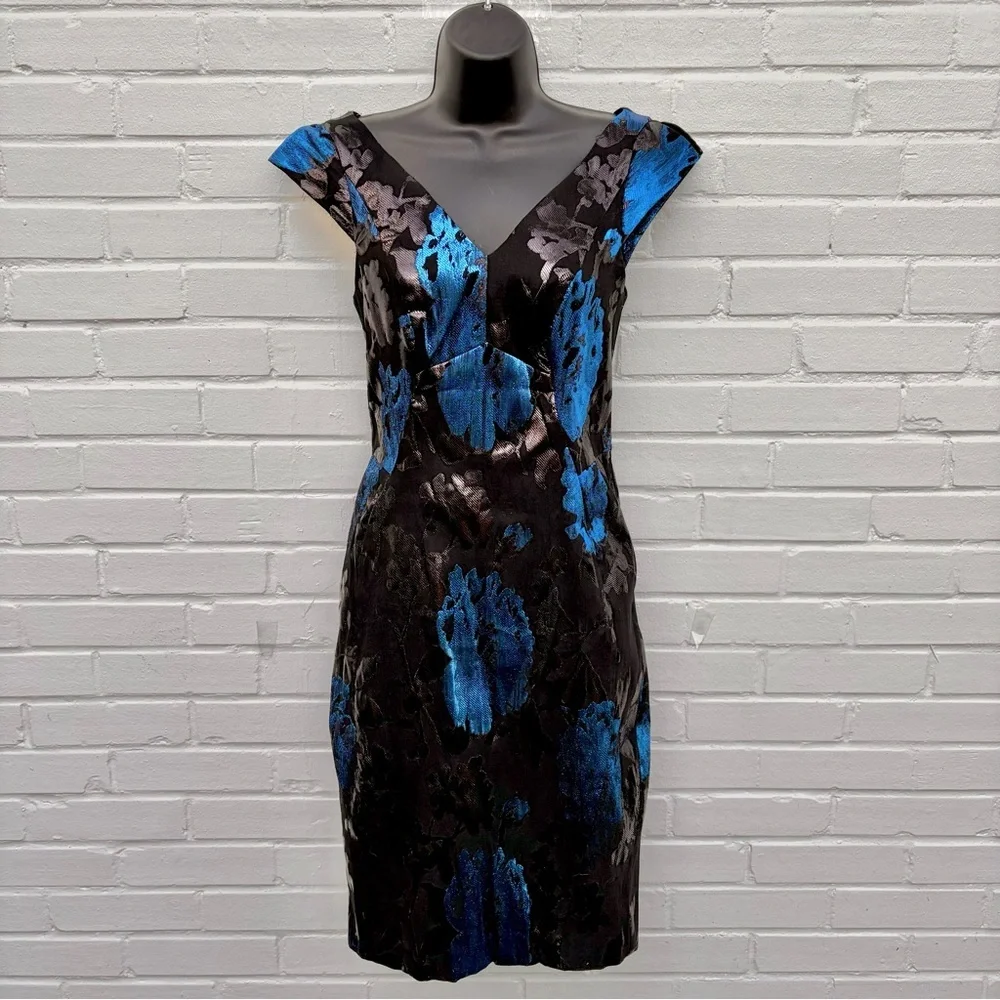 Yoana Baraschi Slim Black & Blue Sheath Midi SZ 6/8 LIKE NEW Original Cost $458 - Picture 5 of 9